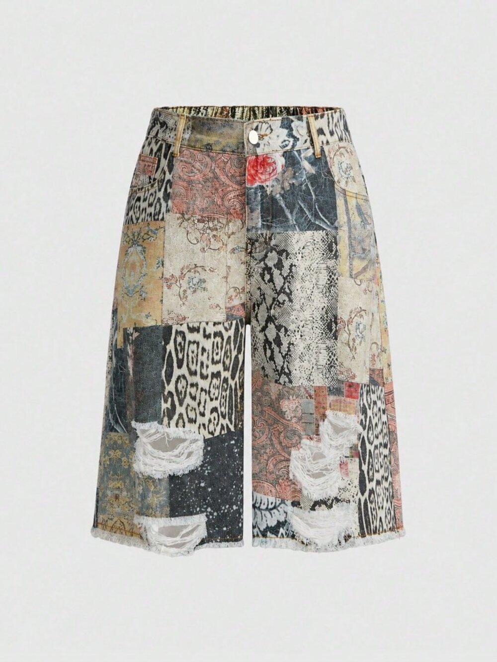 Multicolor Casual Women's Leopard Paisley Button Zip Wide Leg Bermuda Shorts